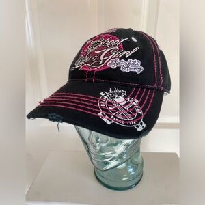 Y2k Distressed Hot Pink & Black Shoot Like a Girl Hat